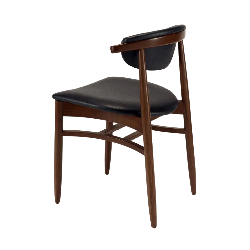 Dark brown side chair with black upholstered seat and backrest, three-quarter angle