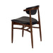Dark brown side chair with black upholstered seat and backrest, three-quarter angle