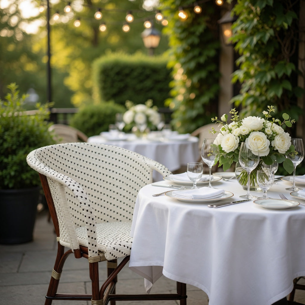 Woven arm chair with cream cushion and back, dark dot line pattern, curved arms.
