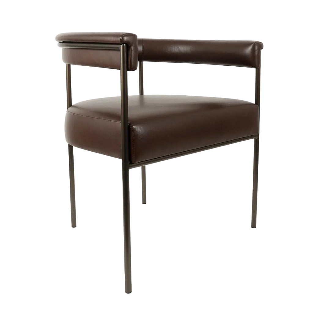 Rhodes arm chair with dark brown padded back, rounded seat, and slim metal legs