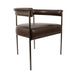 Rhodes arm chair with dark brown padded back, rounded seat, and slim metal legs