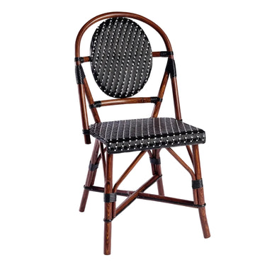 Woven side chair with dark wood frame, oval backrest, black-and-white striped seat