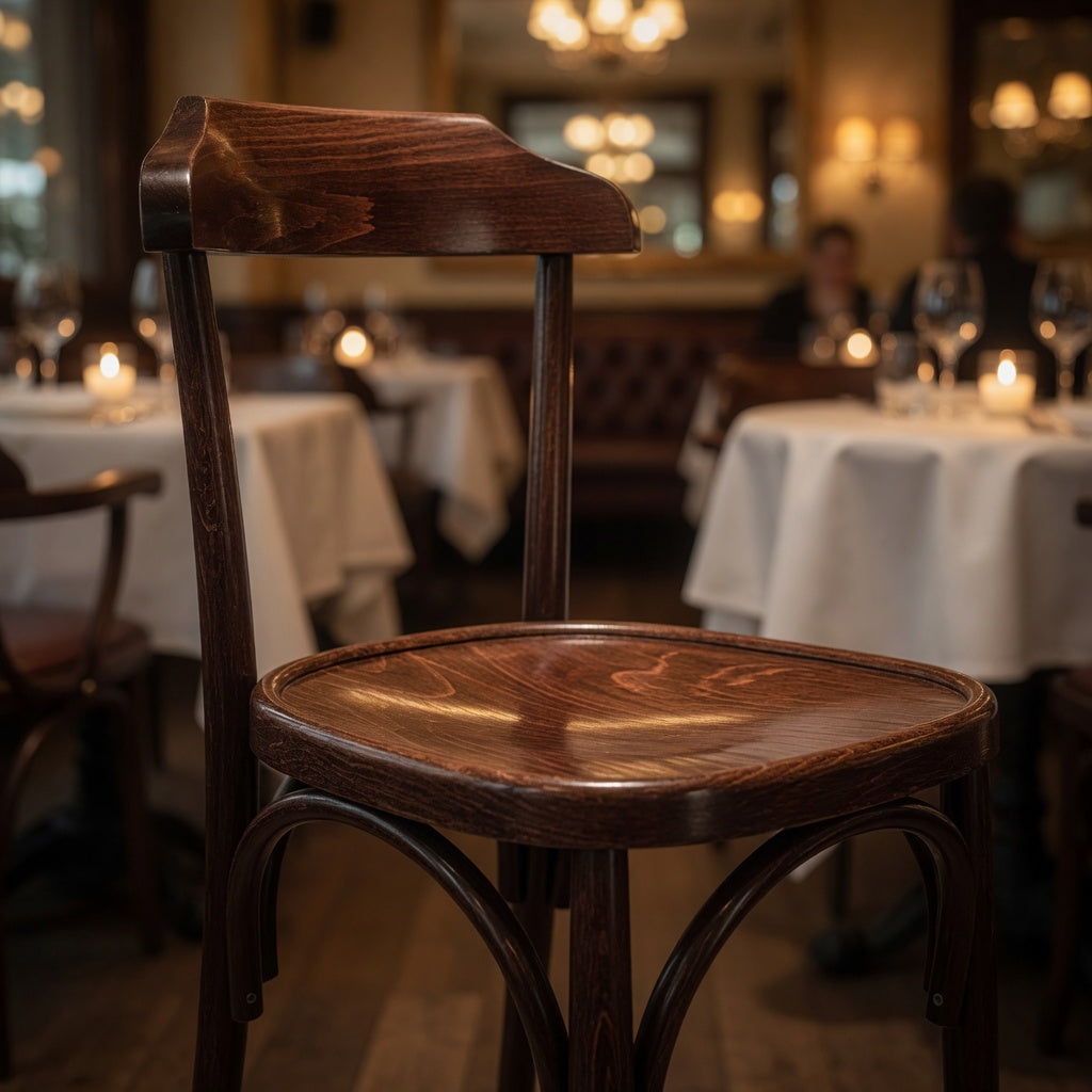 Hazelyn side chair with round wooden seat and curved wooden back, dark tobacco finish.