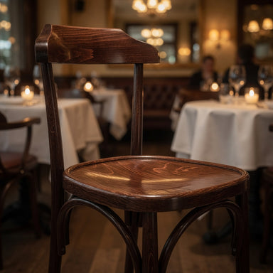 Hazelyn side chair with round wooden seat and curved wooden back, dark tobacco finish.