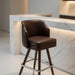 Dark brown leather-look bar stool with padded seat and curved back, on wood legs with chrome base