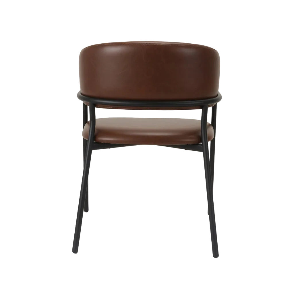Arlo arm chair with brown leather-look seat and curved back, black legs