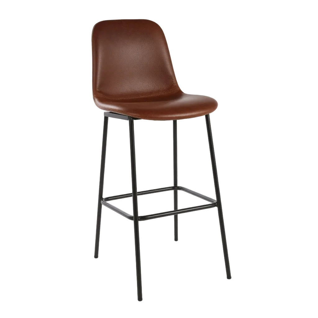 Architect bar stool with brown leather seat, curved back, black metal legs and footrest