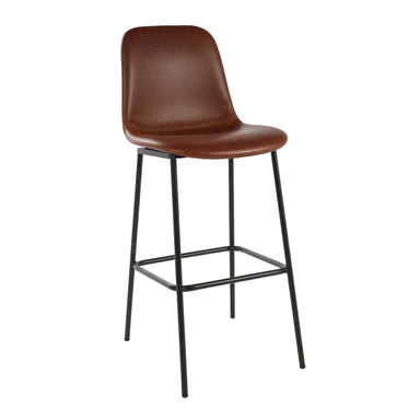 Architect bar stool with brown leather seat, curved back, black metal legs and footrest