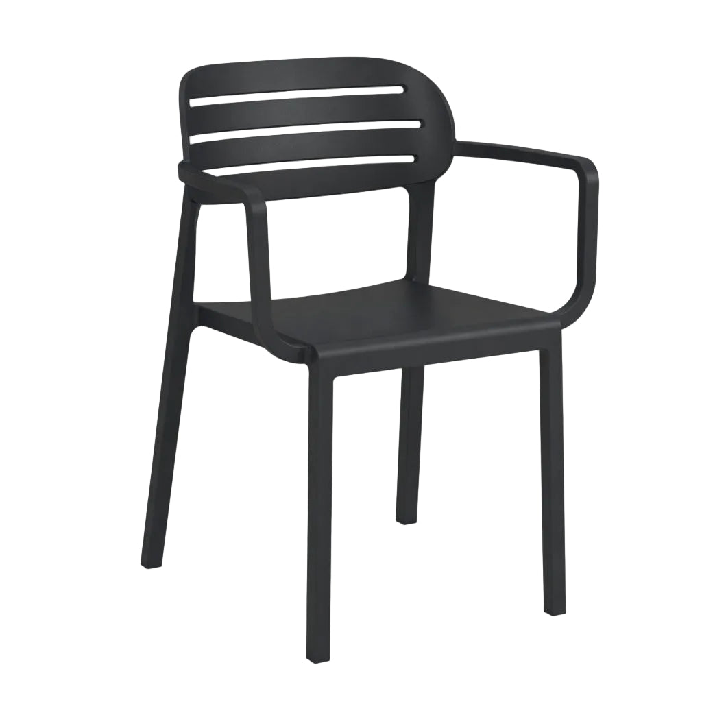 Arm chair with armrests, matte black plastic frame and slatted back