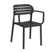 Arm chair with armrests, matte black plastic frame and slatted back