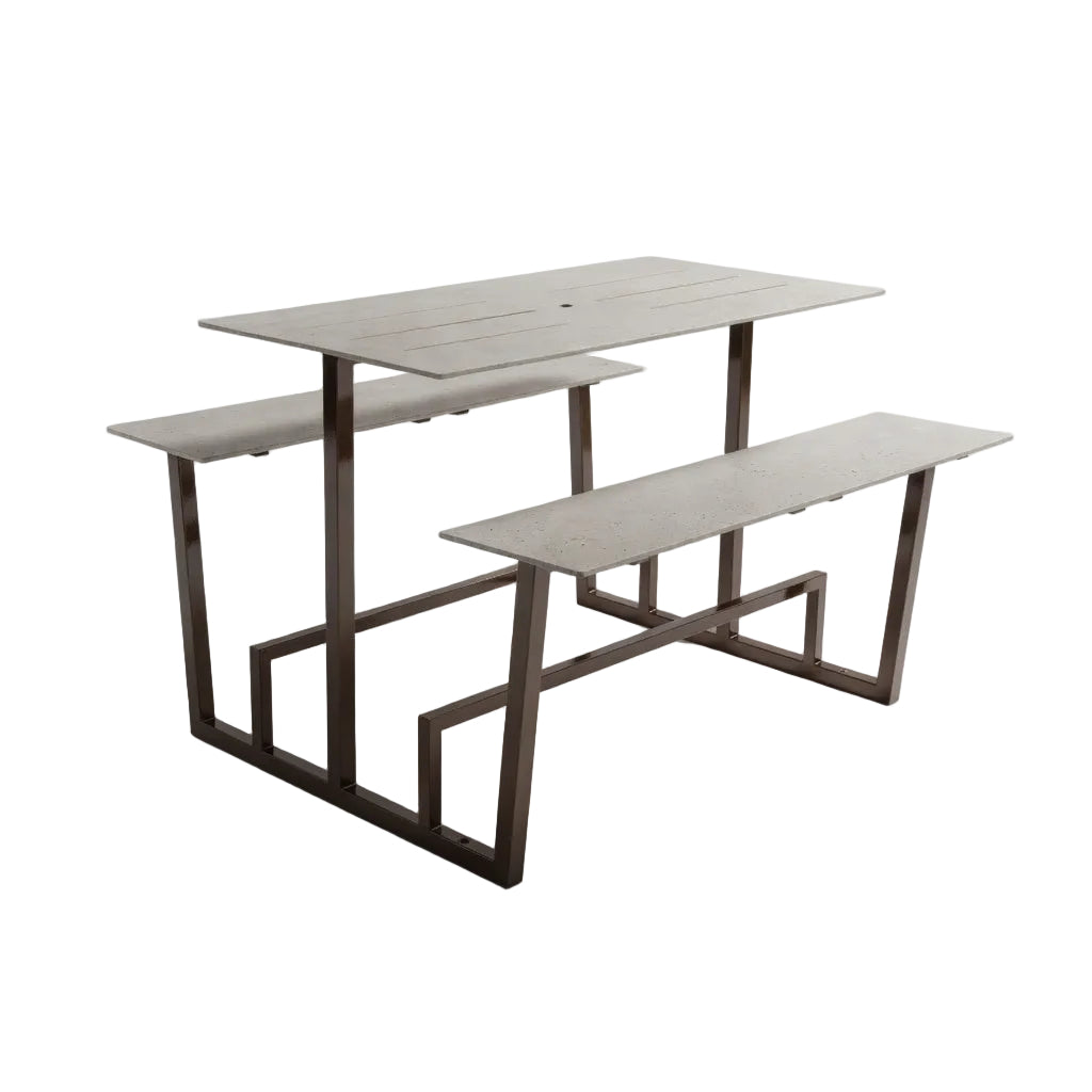 Monterey table set with concrete-look rectangular top, matching bench, bronze metal frame