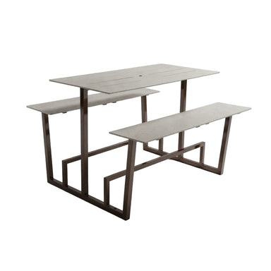 Monterey table set with concrete-look rectangular top, matching bench, bronze metal frame