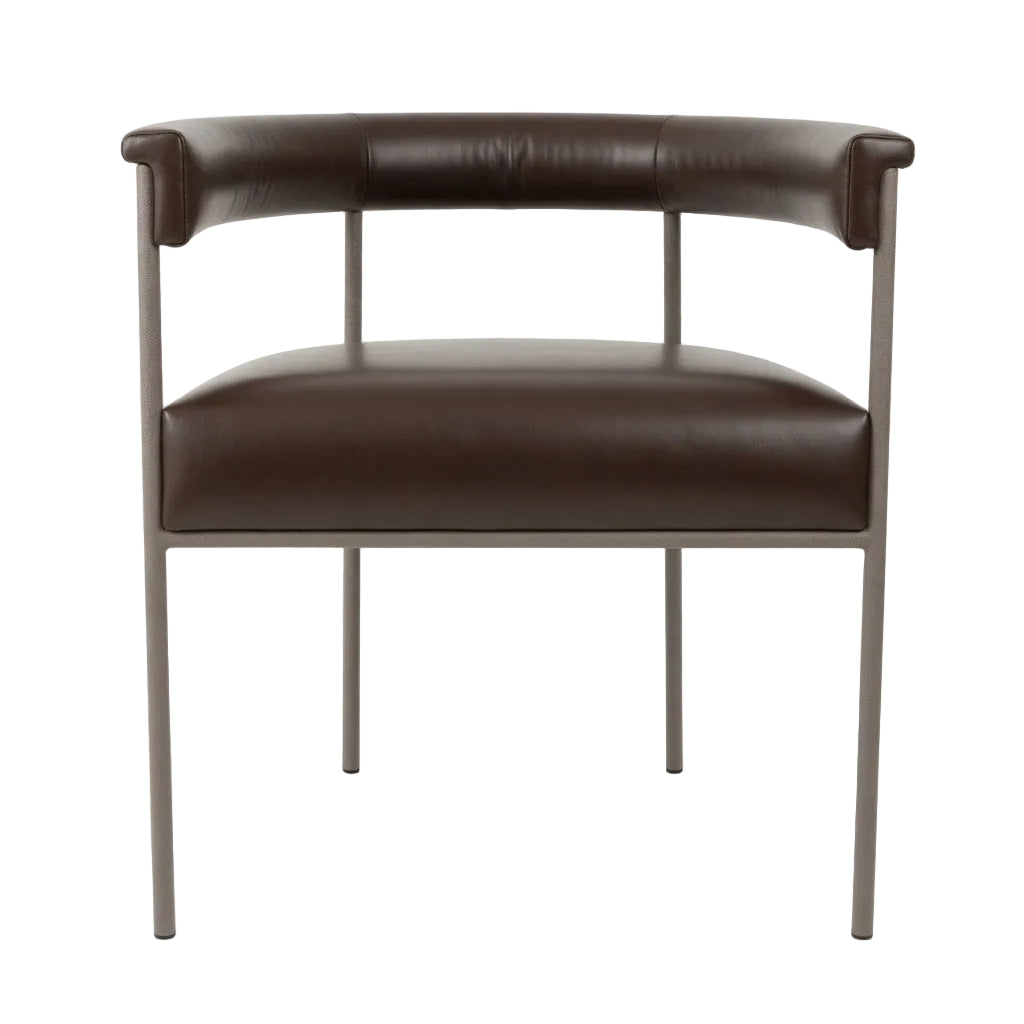 Brown leather arm chair with curved arms, cushioned seat, and gold metal legs