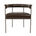 Brown leather arm chair with curved arms, cushioned seat, and gold metal legs