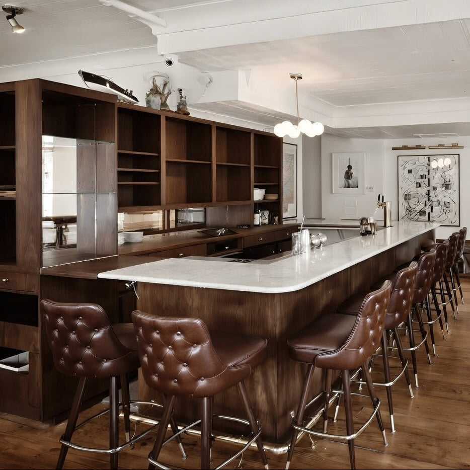 lose-up of the Montgomery stool's intricate exterior tufting and premium performance fabric designed for enduring character