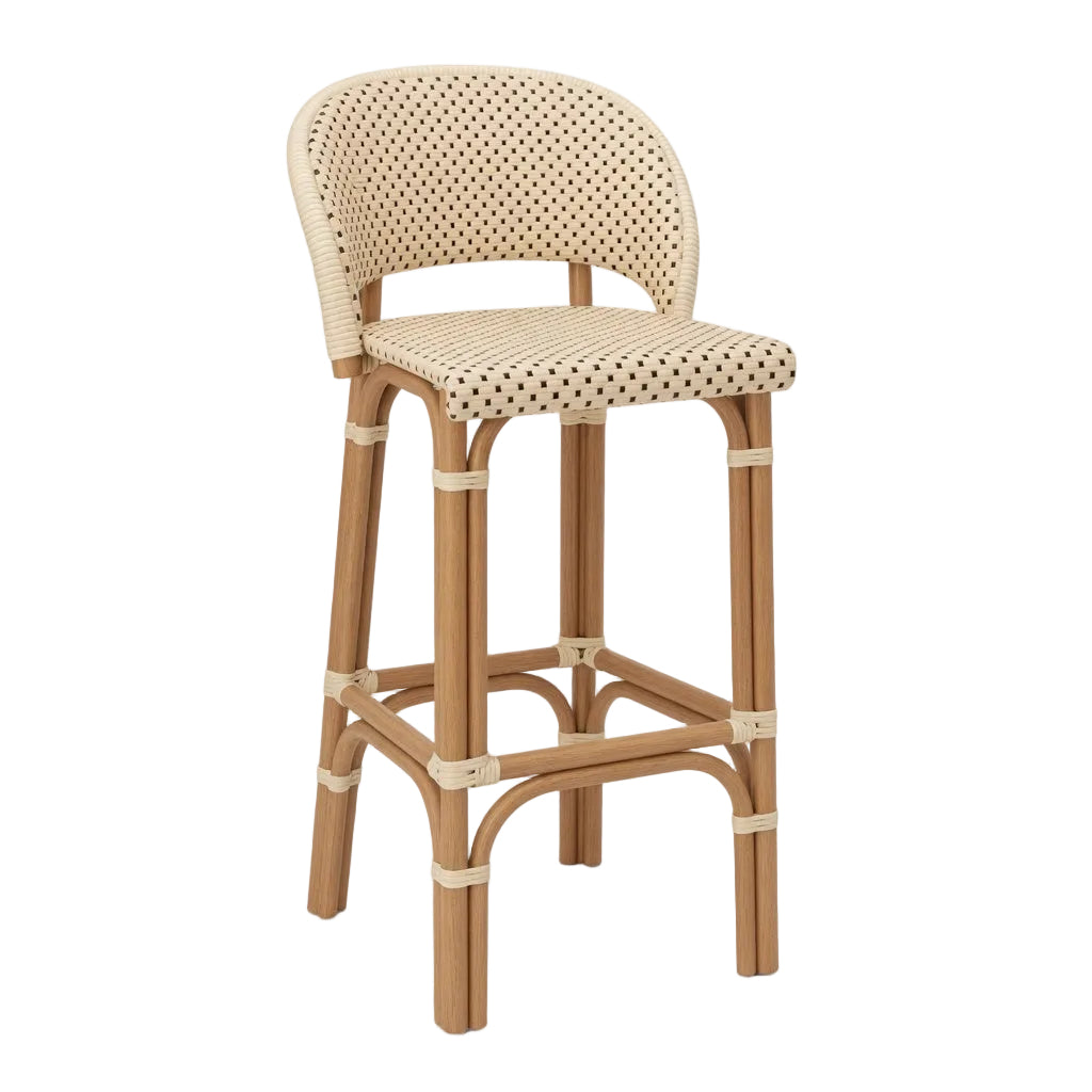 Rattan bar stool with rounded back, light woven seat in cream with small dark pattern