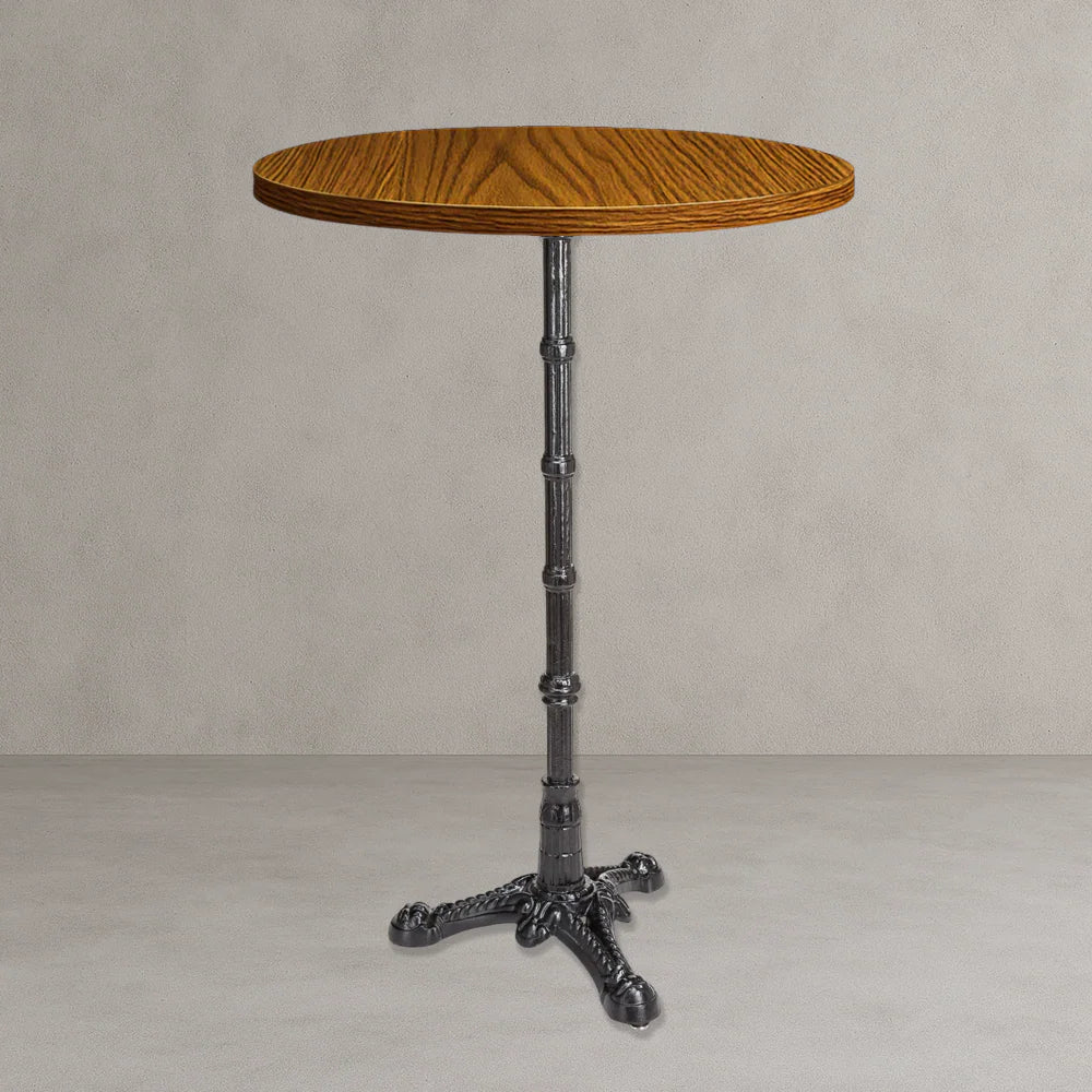 Round table base with silver metal pedestal and ornate 4-foot base, round wood top