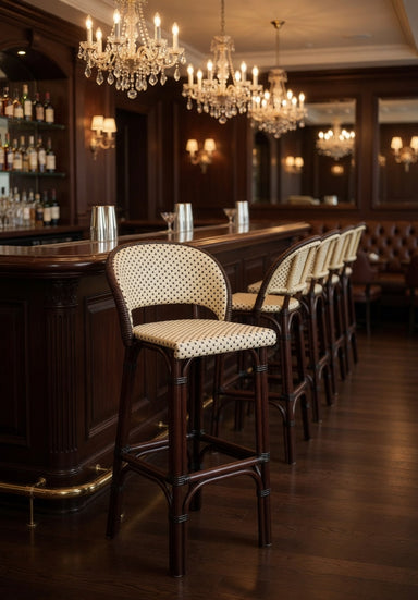 Rattan bar stool with round back, light woven seat cushion, and dark wood base