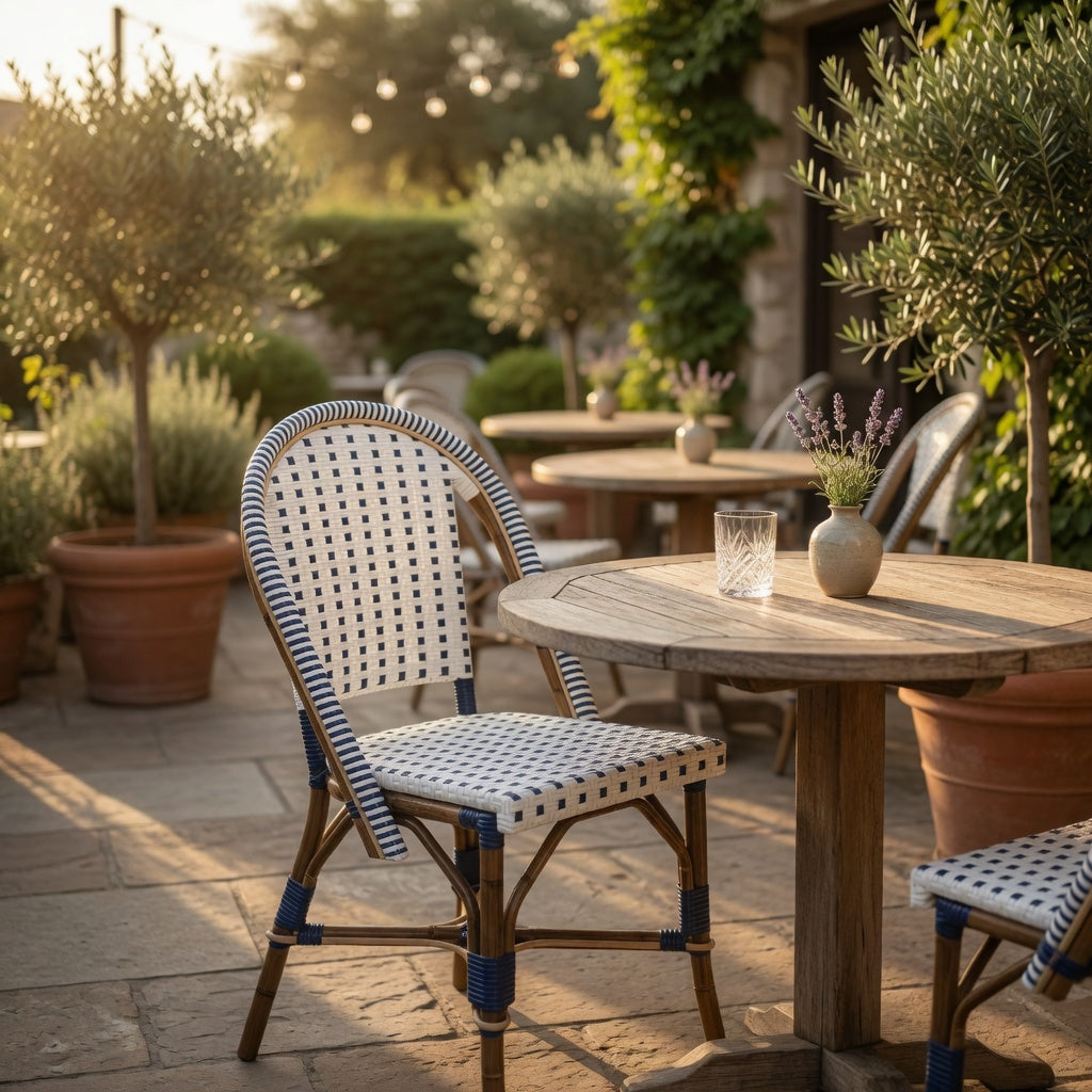 Outdoor side chair with white-and-blue woven seat, arched back, and wooden frame