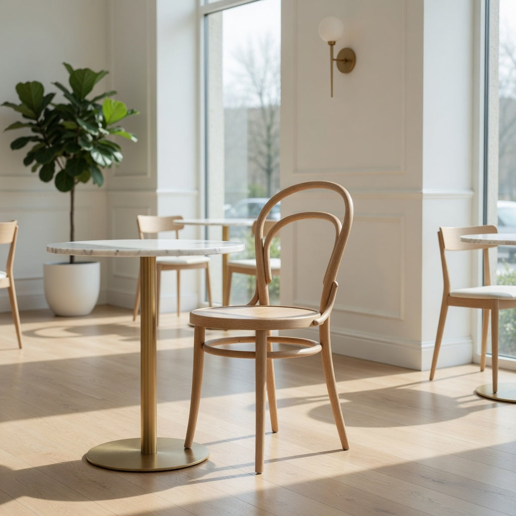 Natural wood Astoria side chair with curved back and round seat, shown in a room.