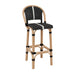 Bar stool with light wood frame and black woven seat and back with light stripe pattern