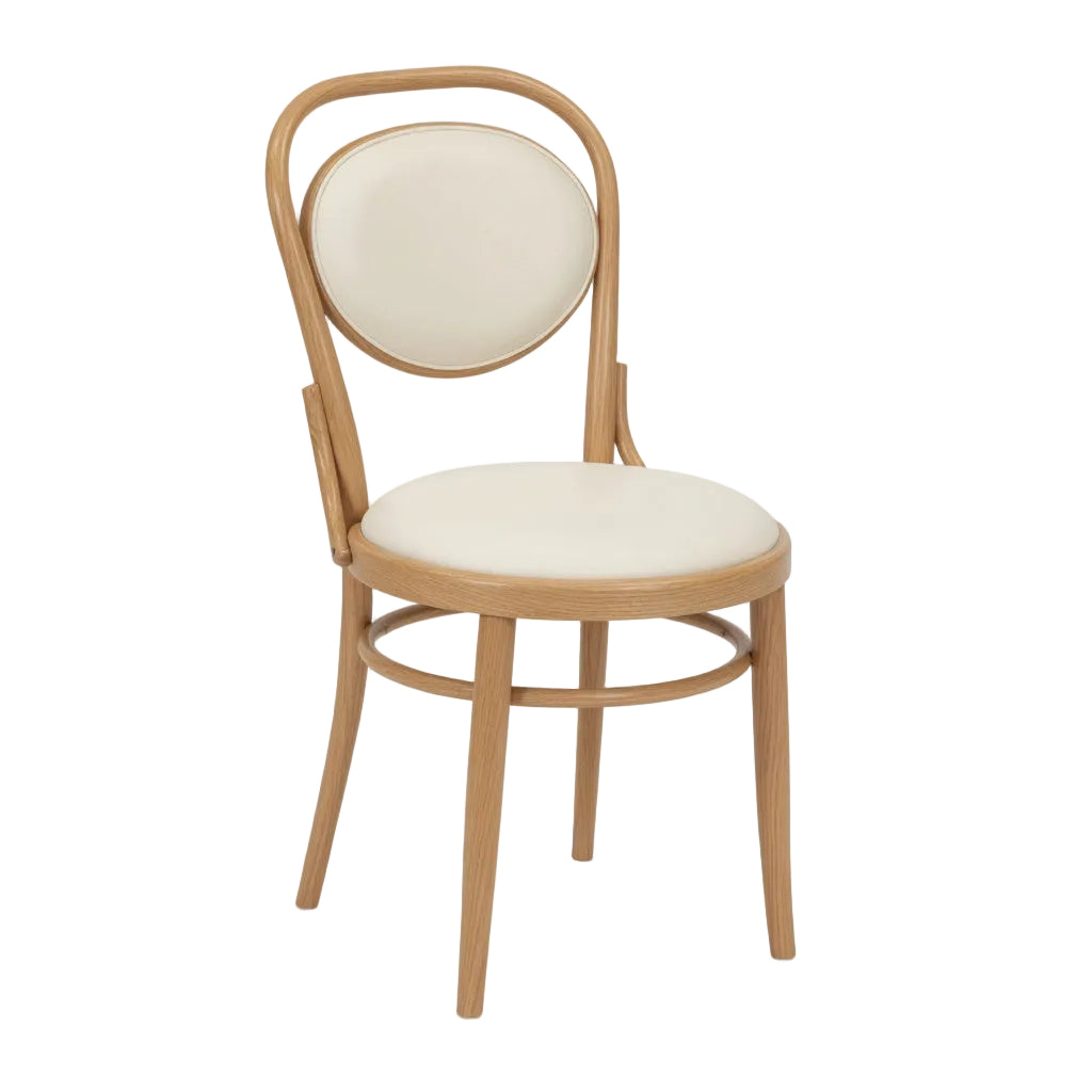 Wood side chair with curved backrest, light natural finish, beige upholstered seat