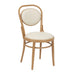 Wood side chair with curved backrest, light natural finish, beige upholstered seat