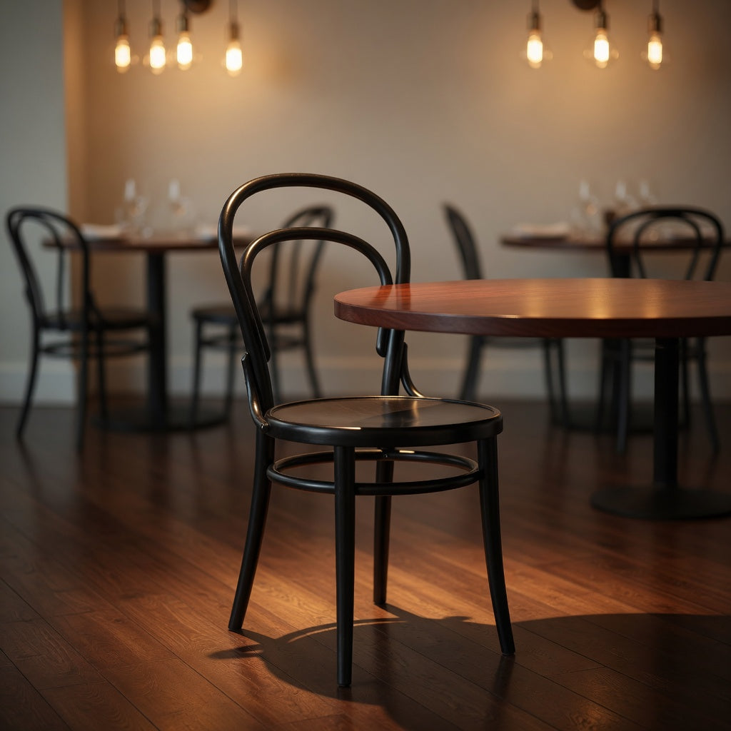Astoria side chair with curved metal frame and dark round seat, tapered legs.
