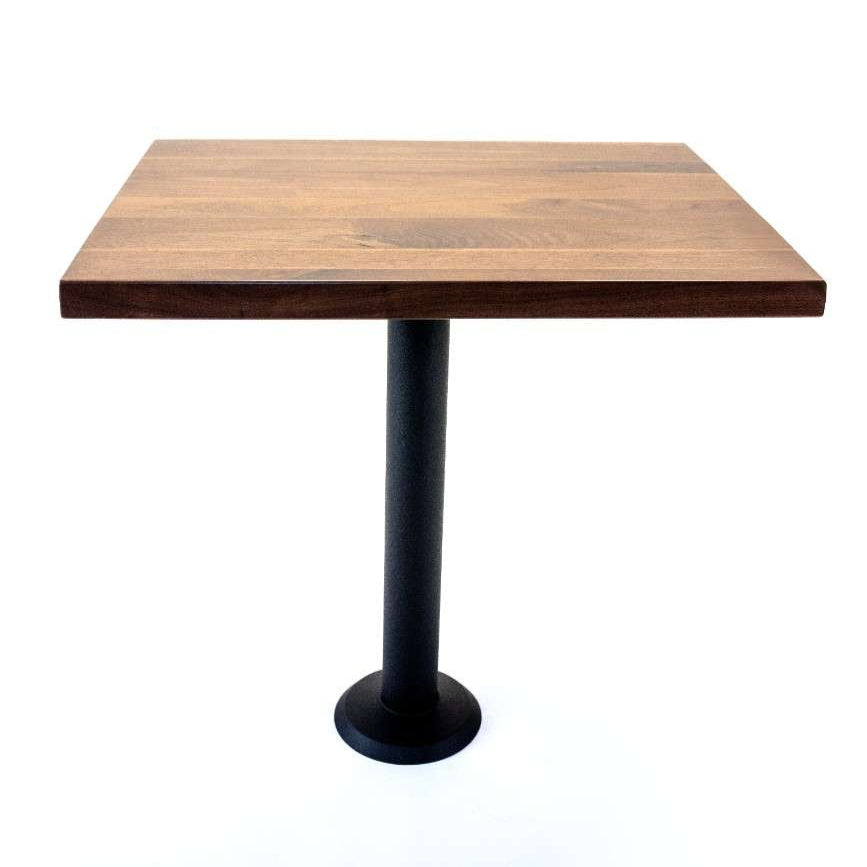 Origin restaurant table base with natural wood top and black metal pedestal base with round foot