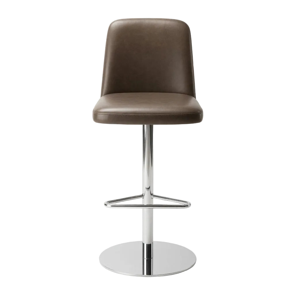 Upholstered bar stool with chrome base and dark taupe seat