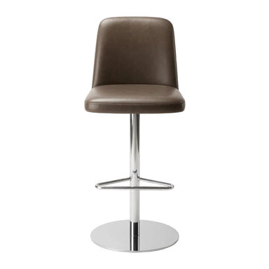 Upholstered bar stool with chrome base and dark taupe seat