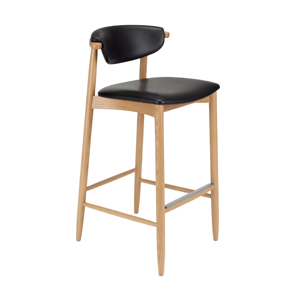 Bar stool with black upholstered seat and back, natural wood legs, gray footrest