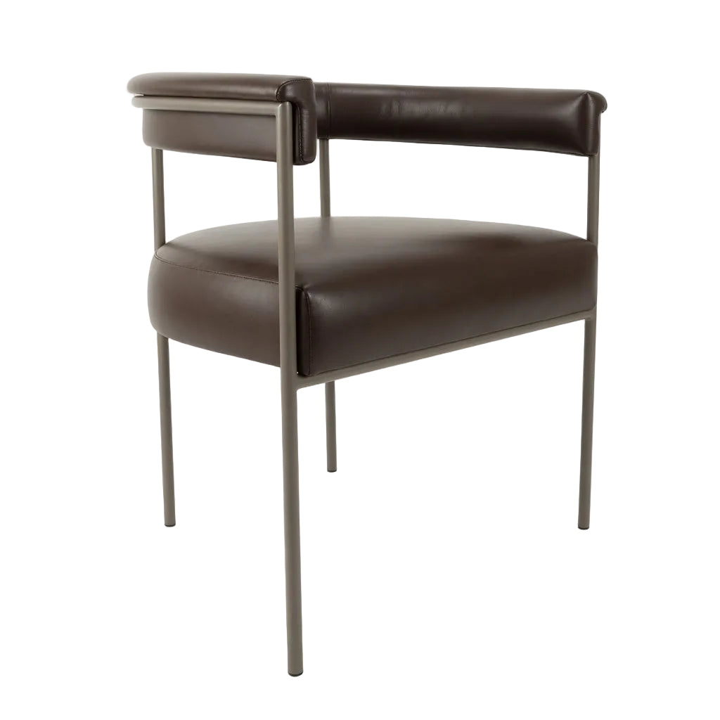 Rhodes arm chair with dark brown leather-look seat, arched arms, and metal legs