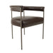Rhodes arm chair with dark brown leather-look seat, arched arms, and metal legs