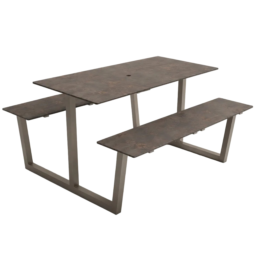 Double-top table with light taupe frame and two rectangular tops in speckled concrete gray.