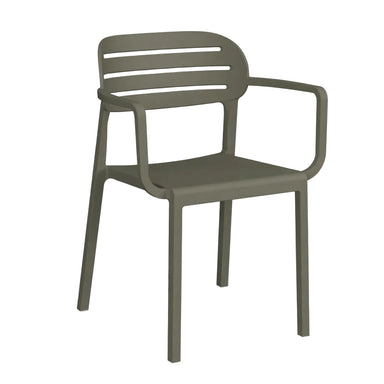 Luna arm chair with slatted back and armrests, olive-colored finish