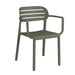Luna arm chair with slatted back and armrests, olive-colored finish