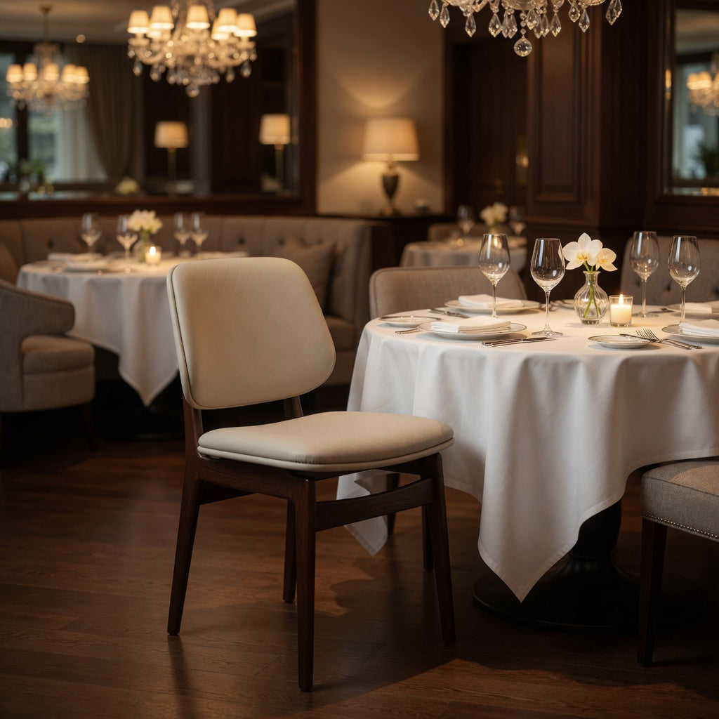 Upholstered side chair with light beige seat and back, dark wood frame in a dining setup