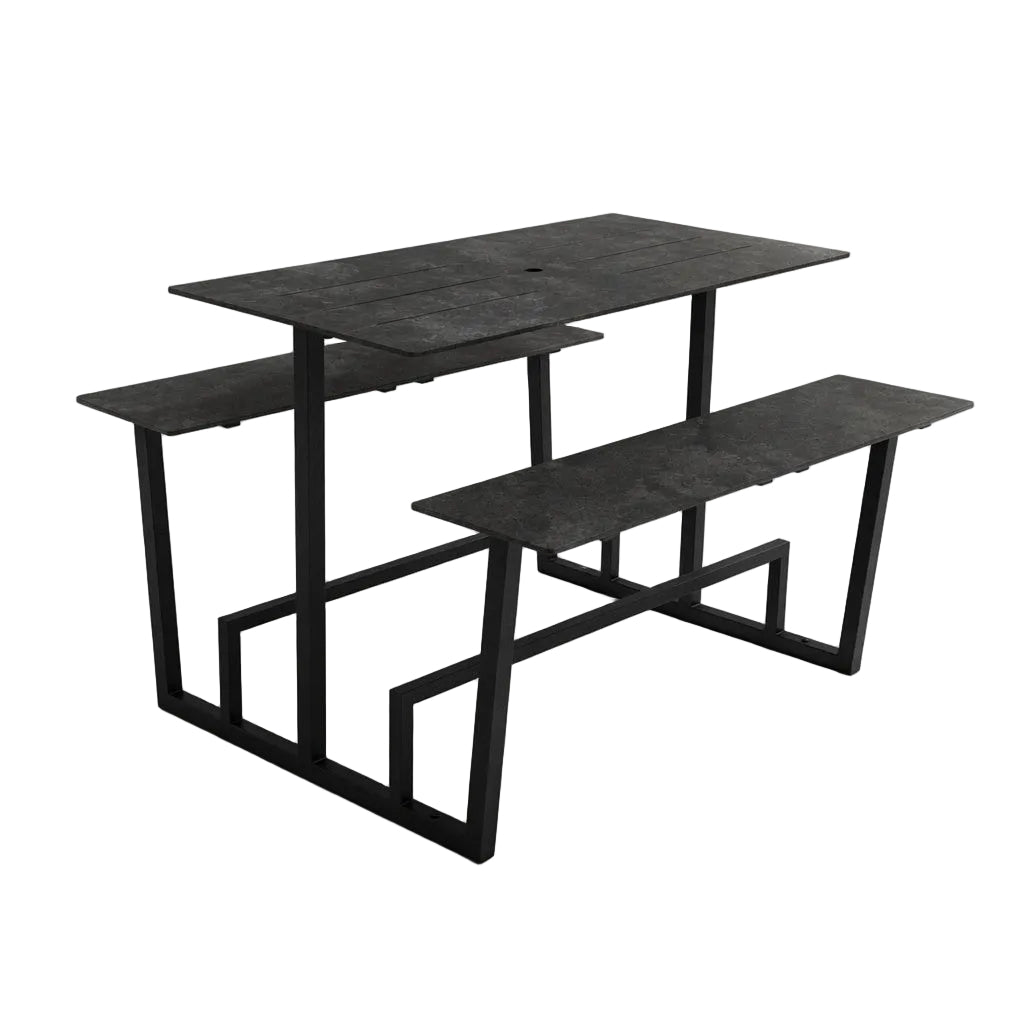 Monterey table with dark concrete top and black metal base, with two side benches.