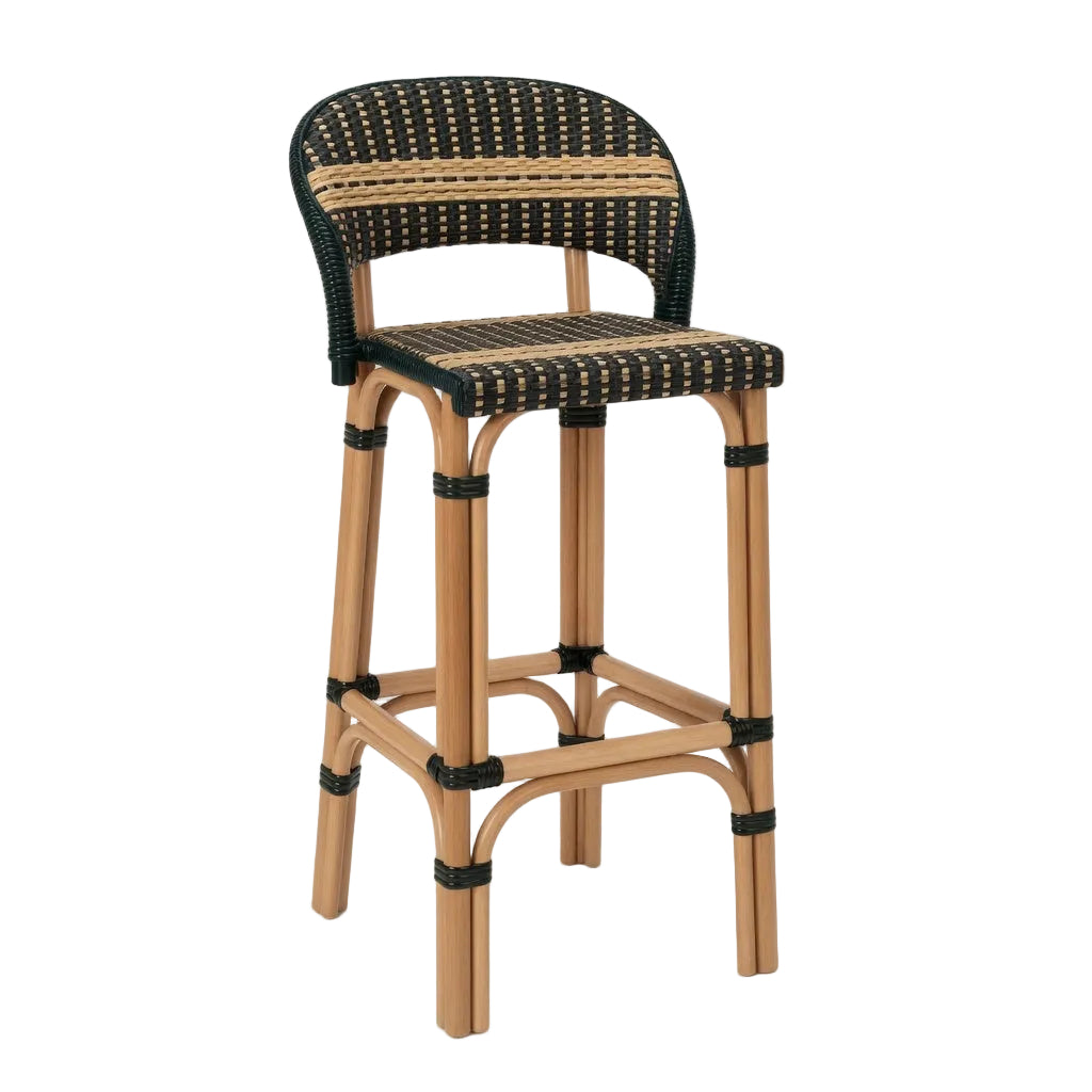 Rattan bar stool with round back, black woven cushion with cream-gold stripe, light wood frame