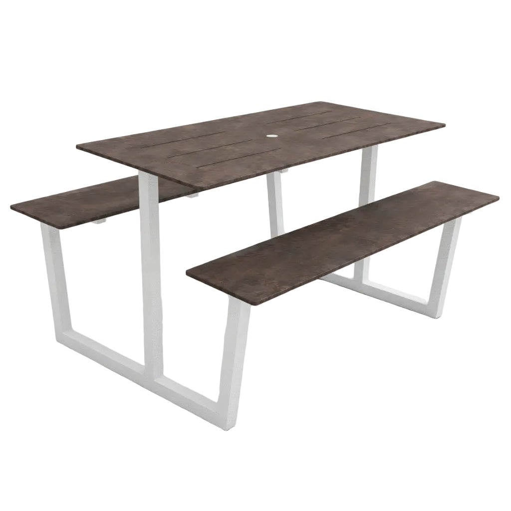 Double-top table with white metal frame and two long rectangular tops in concrete gray.