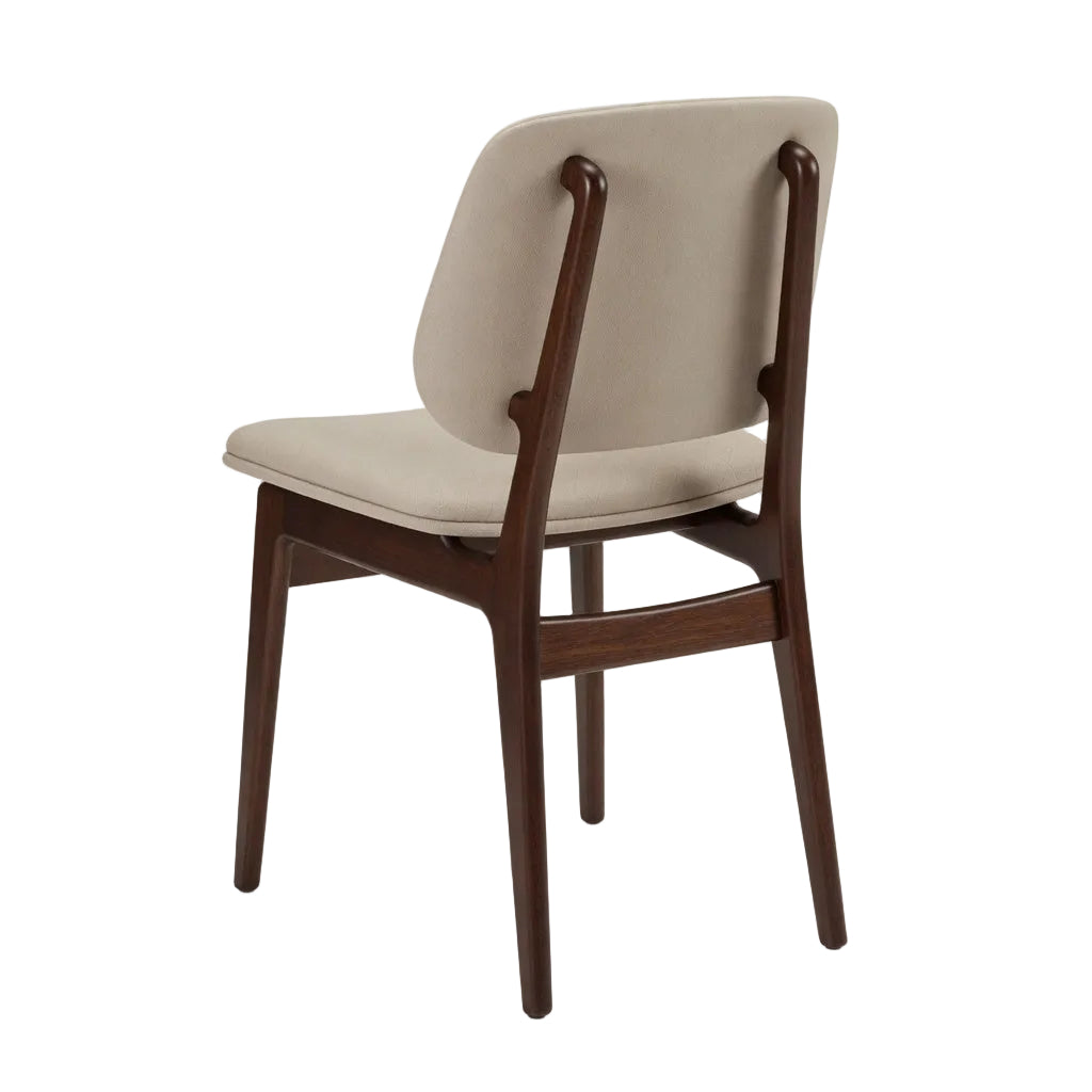 Upholstered side chair with light beige seat and back, dark wood arms and legs
