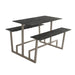 Monterey table with dark gray concrete top and light gray metal base, with two side benches.