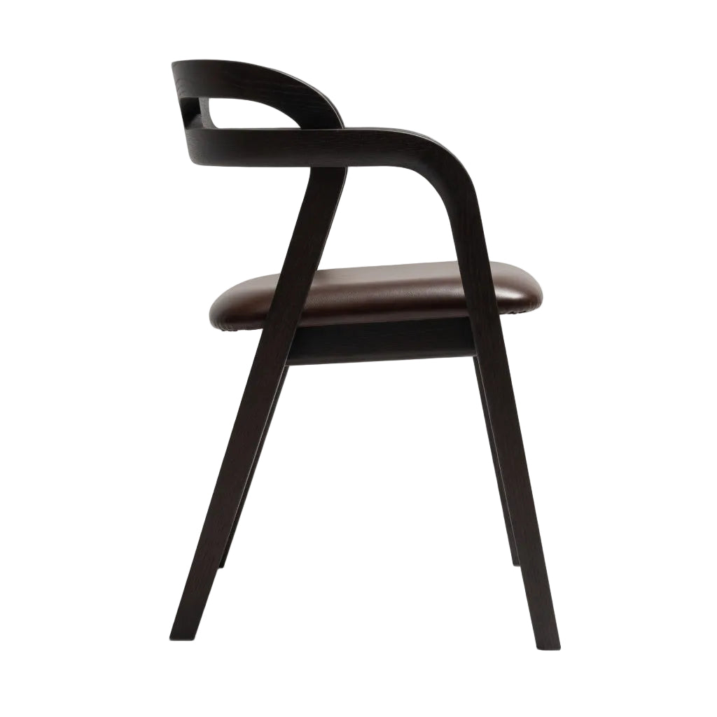 Dark wood arm chair with curved open back and padded seat