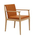 Tan leather arm chair with light wood frame and padded seat cushion