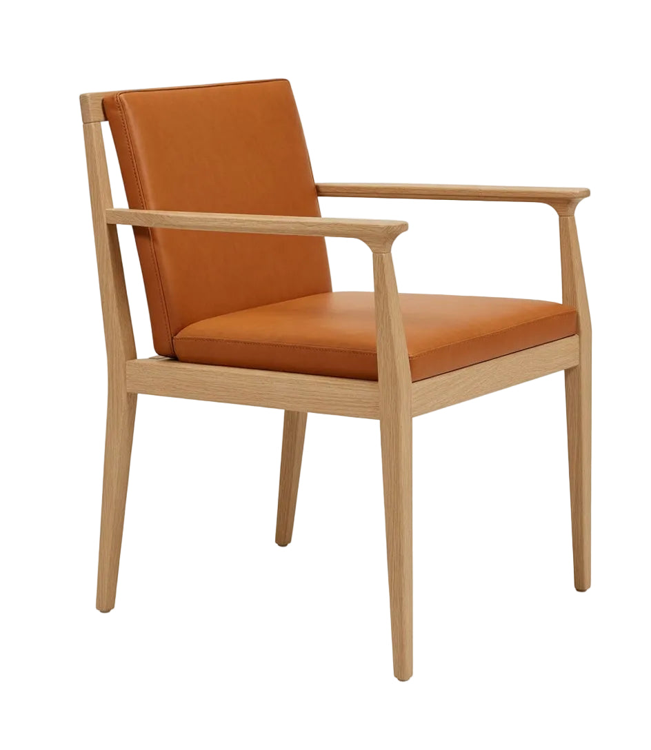 Tan leather arm chair with light wood frame and padded seat cushion