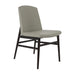 Upholstered side chair with light gray seat and back, dark brown wood base