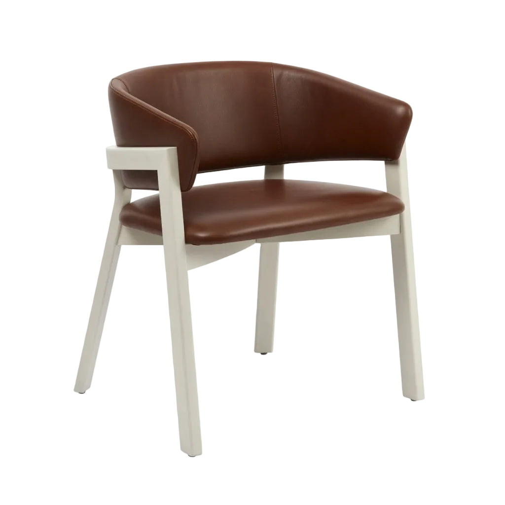 Brown leather-look arm chair with white legs, wide armrests and cushioned seat