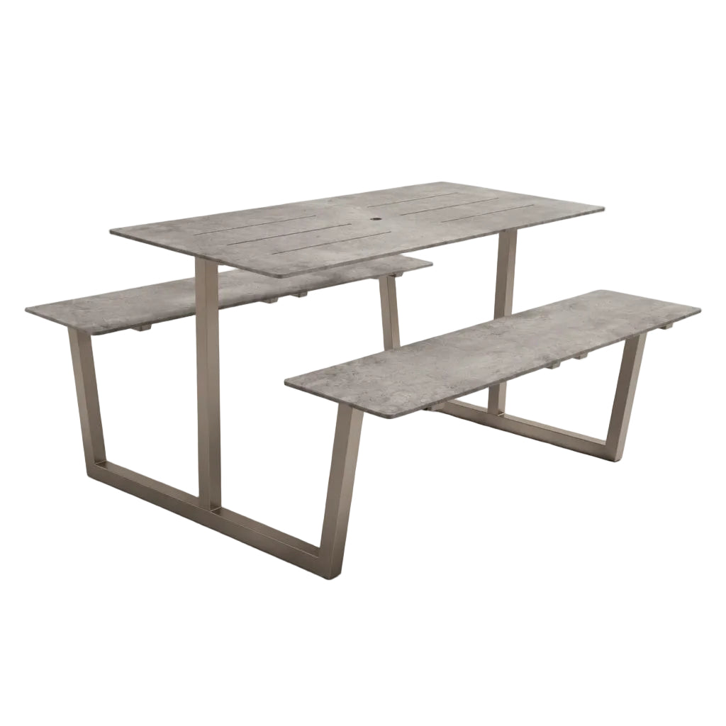 Monterey table set with concrete-look surfaces, long bench, bronze metal legs and supports