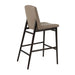Bar stool with taupe upholstered seat and back, dark wood frame and footrest bar